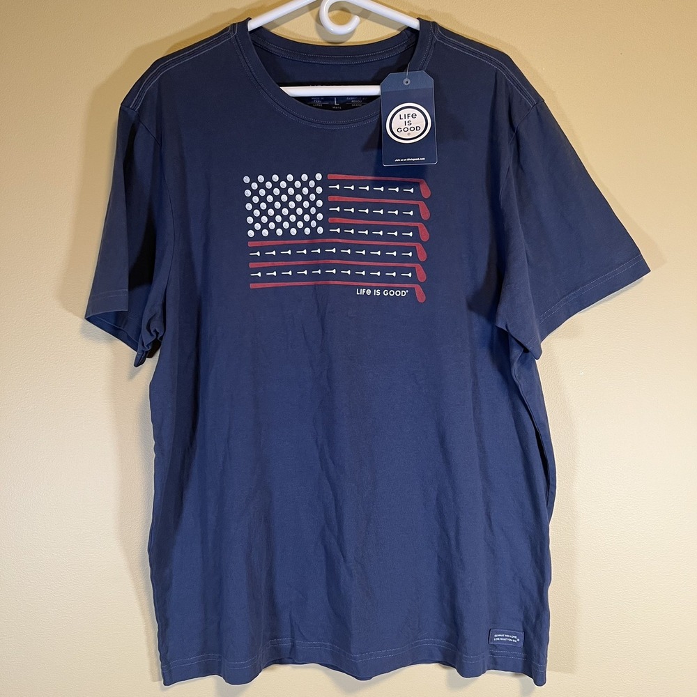 Life Is Good Men's Golf Club Golf Tee Golf Ball American Flag Crusher Shirt Blue